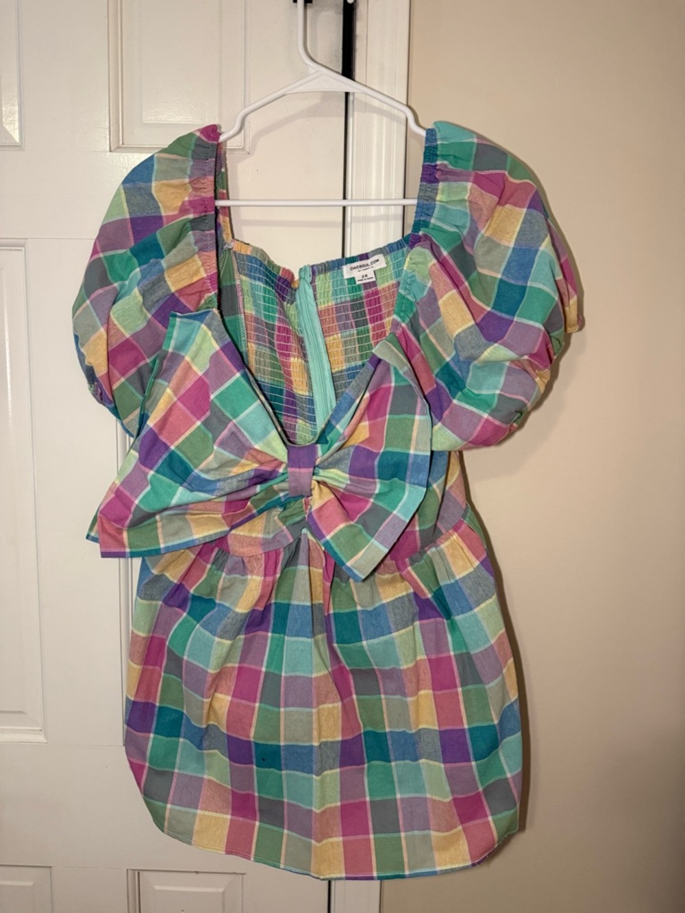 Chic Soul Pastel Plaid Puff Sleeve Bow Front Top - Multicolor